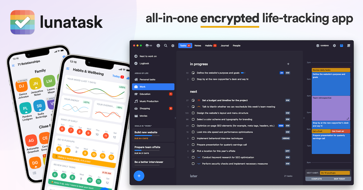 Encrypted to-do list, life-tracking, journaling and notes app | Lunatask · Twitter