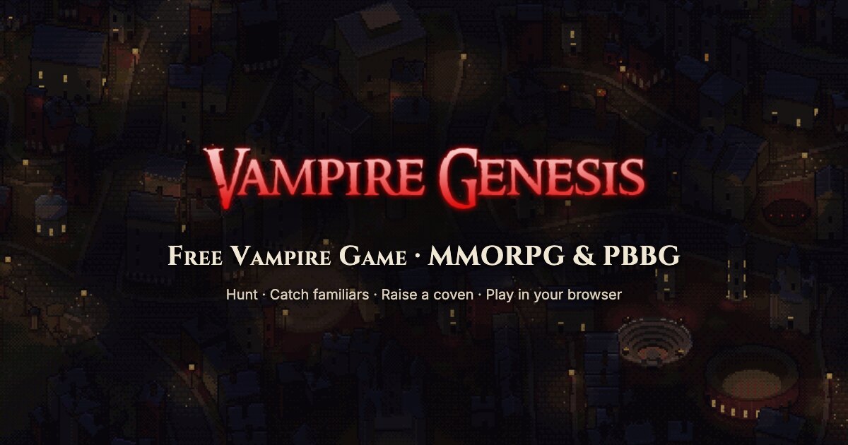 Vampire Genesis — free vampire game, MMORPG and PBBG, over the night-time pixel-art city of Death Valley