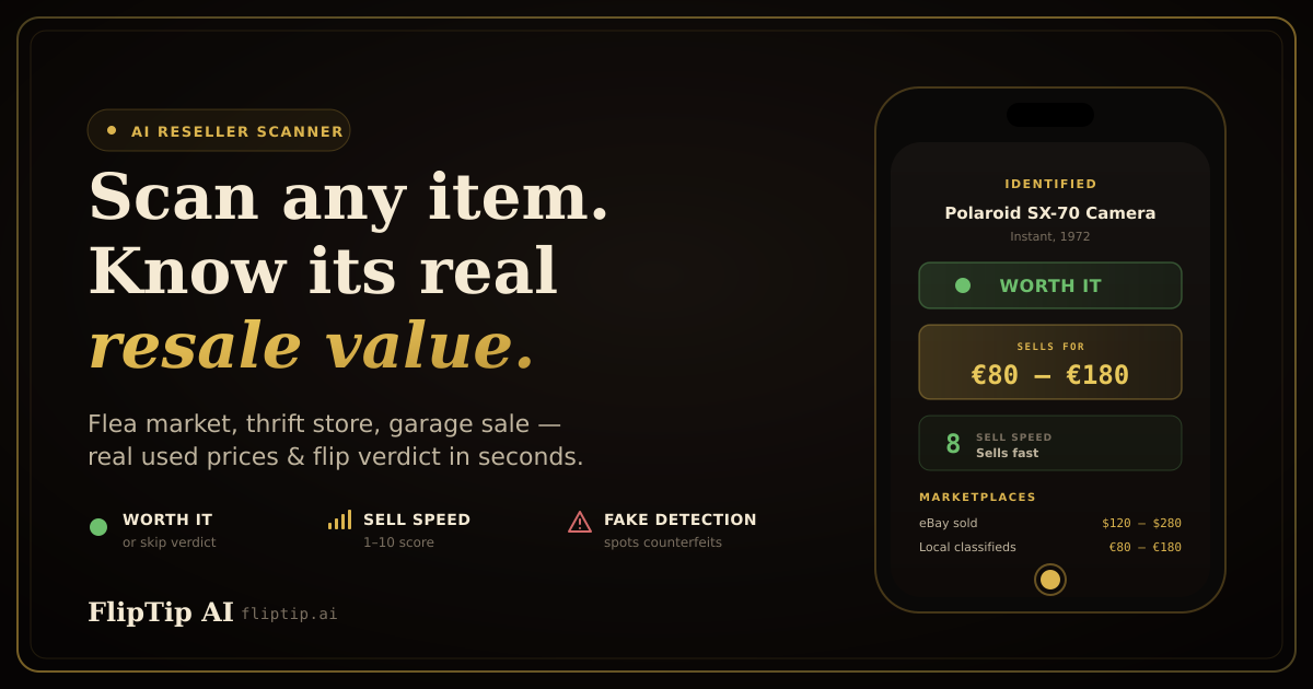 FlipTip AI thrift scanner app showing the resale value, real sold prices and a worth-it verdict for a vintage Polaroid camera