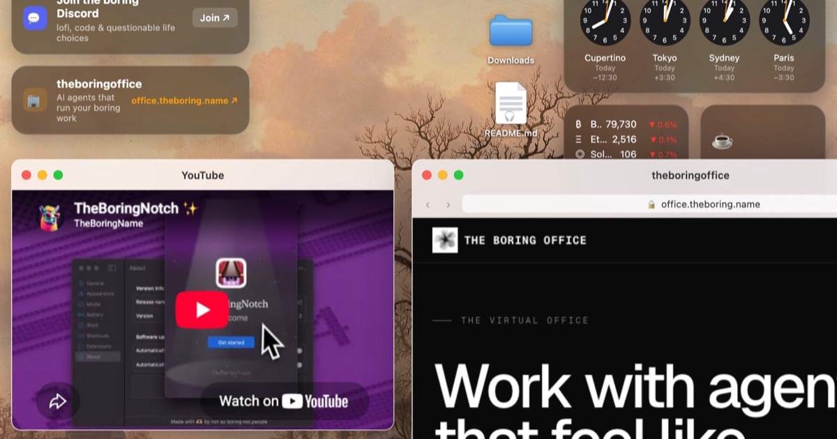 A macOS-style desktop in a browser: notch music player, dock, widgets and windows