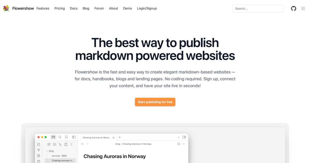 Publish Markdown as a Website — Blogs, Docs & Knowledge Bases | Flowershow