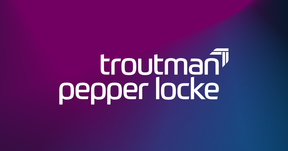 Logo of Troutman Pepper Locke with white text on a gradient background transitioning from purple at the top to blue at the bottom. The logo includes a stylized graphic element resembling an upward arrow or a stack of lines.