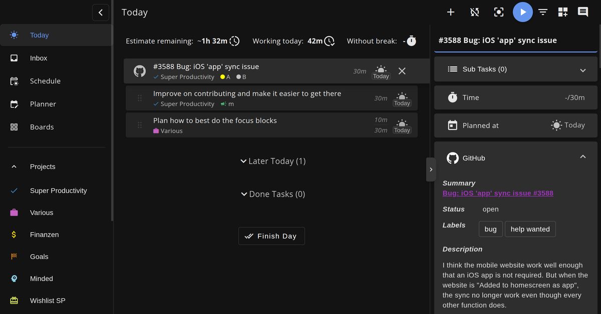 Free, open-source, privacy-first task manager with built-in time tracking, timeboxing, and focus mode. Works offline, no account required, developer-friendly.