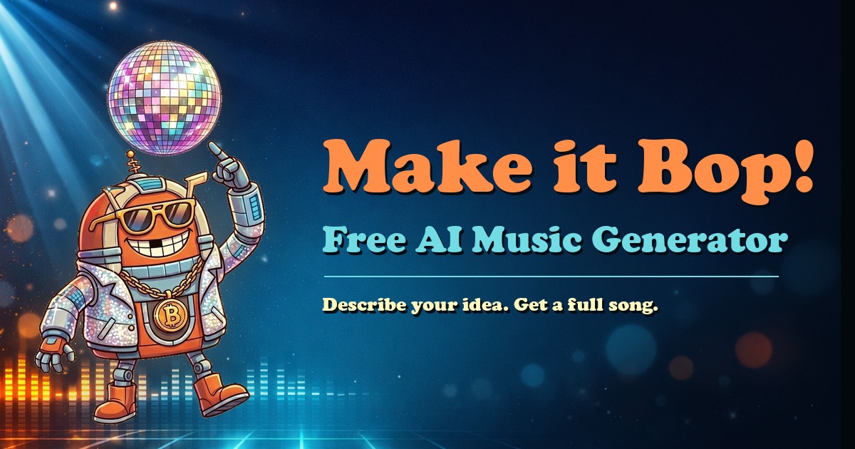 Boppy — AI music generator with cartoon disco-robot mascot