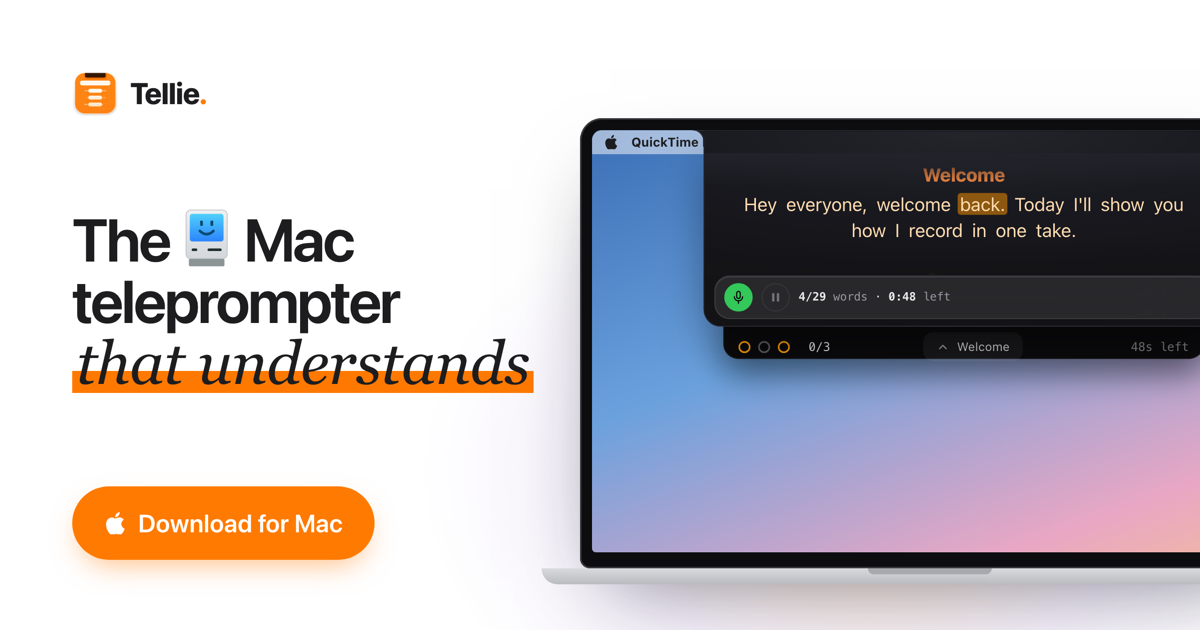 Tellie share card: The Mac teleprompter that understands, with a Download for Mac button beside a MacBook where the Tellie prompter hangs from the notch, following the words.