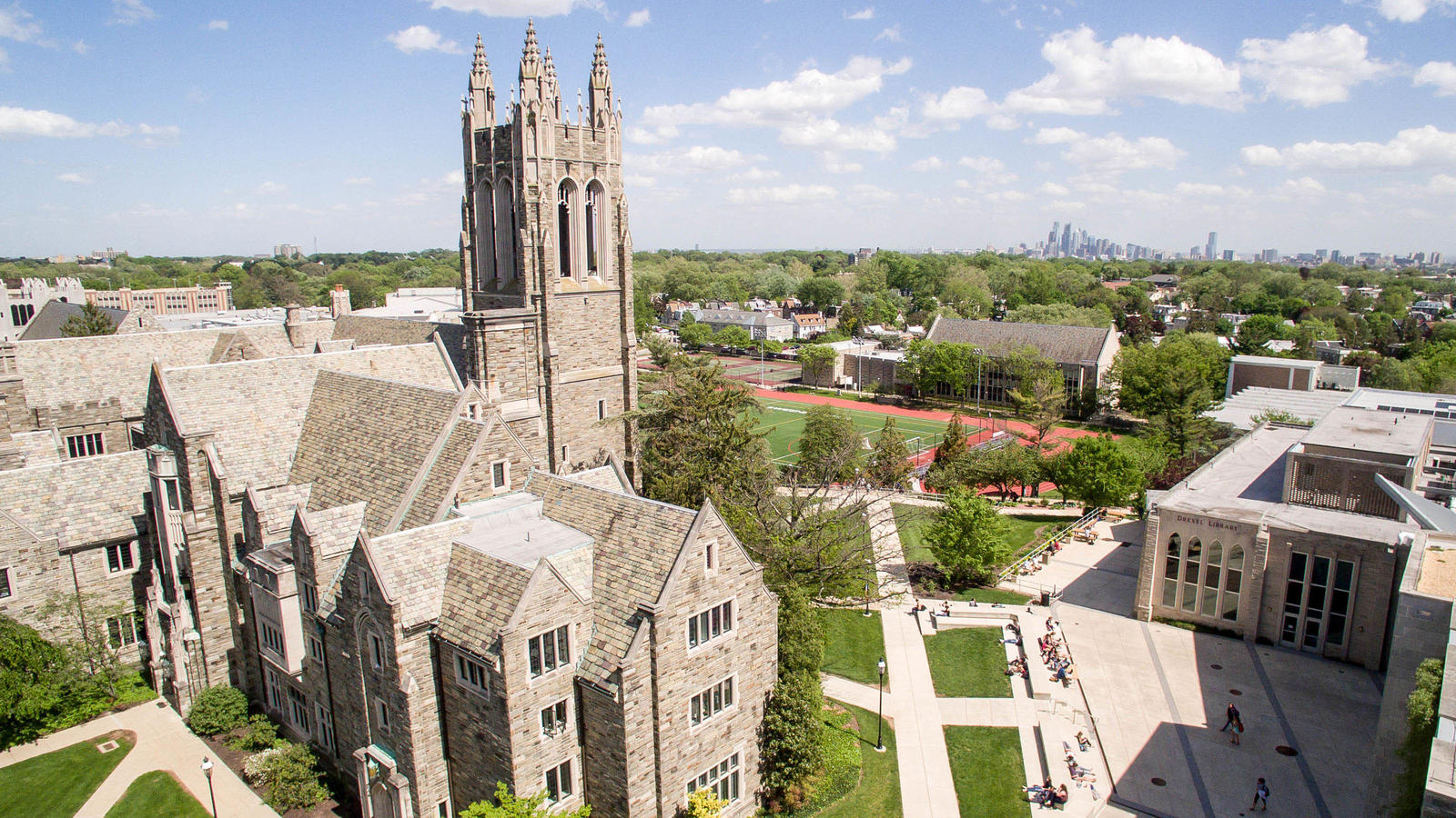 Saint Joseph's University campus with Philadelphia skyline in the background