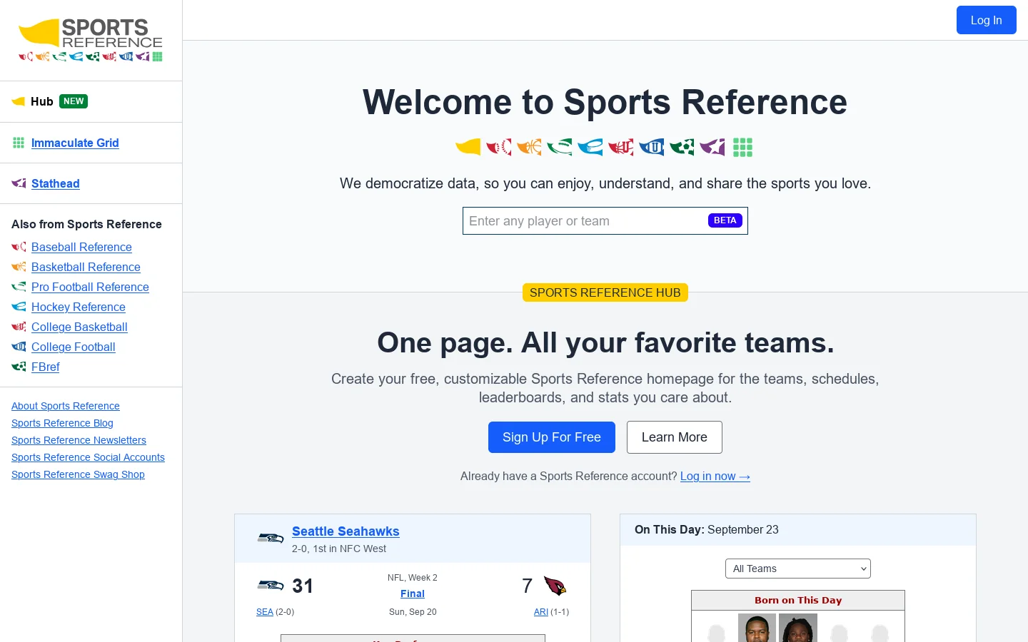 Sports Reference Homepage screenshot