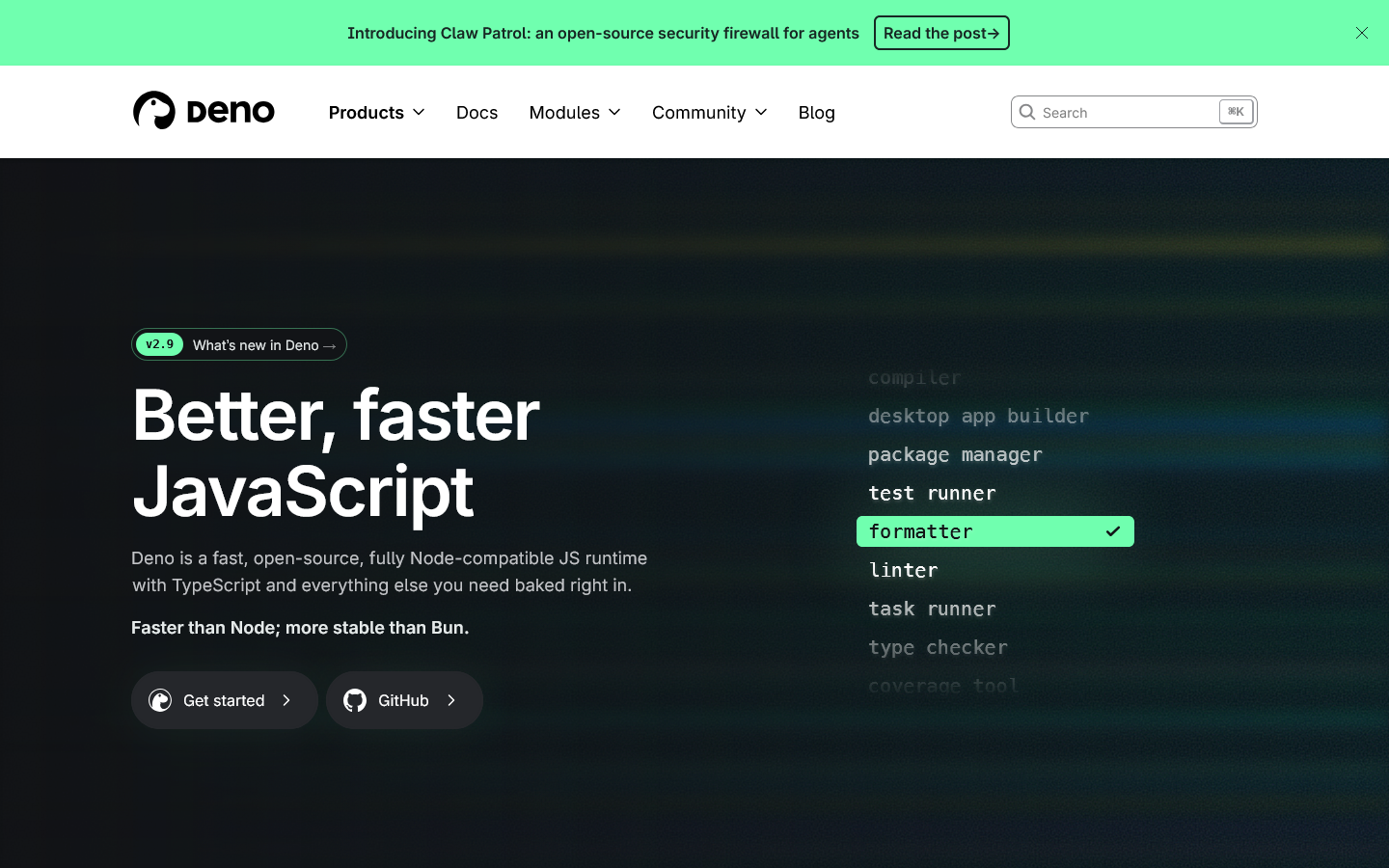 Deno, the drop-in JavaScript runtime for Node developers Homepage screenshot