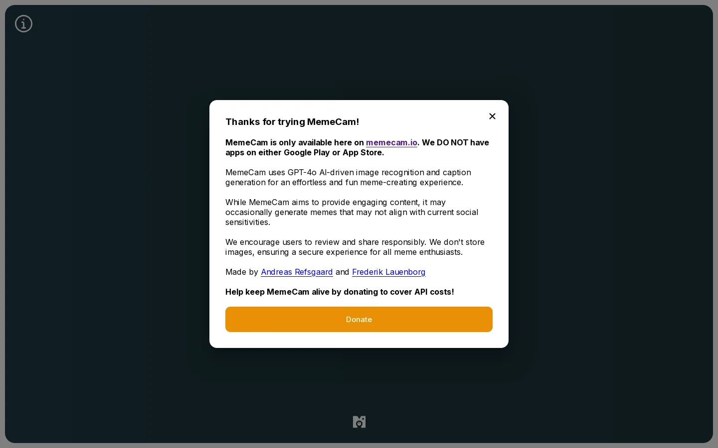 MemeCam Homepage screenshot