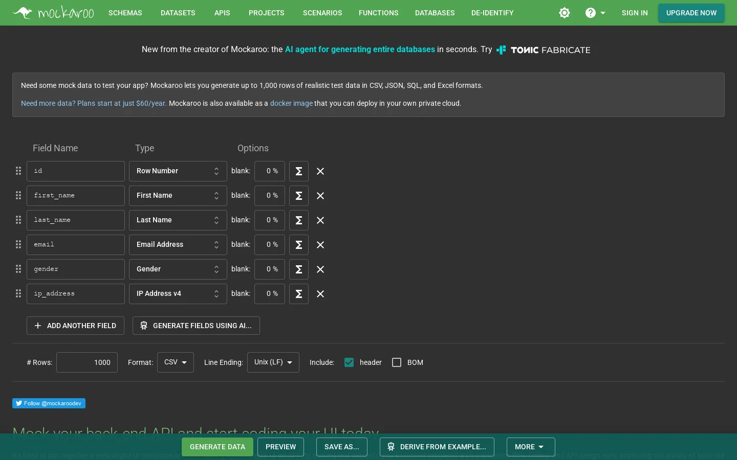 Mockaroo Homepage screenshot