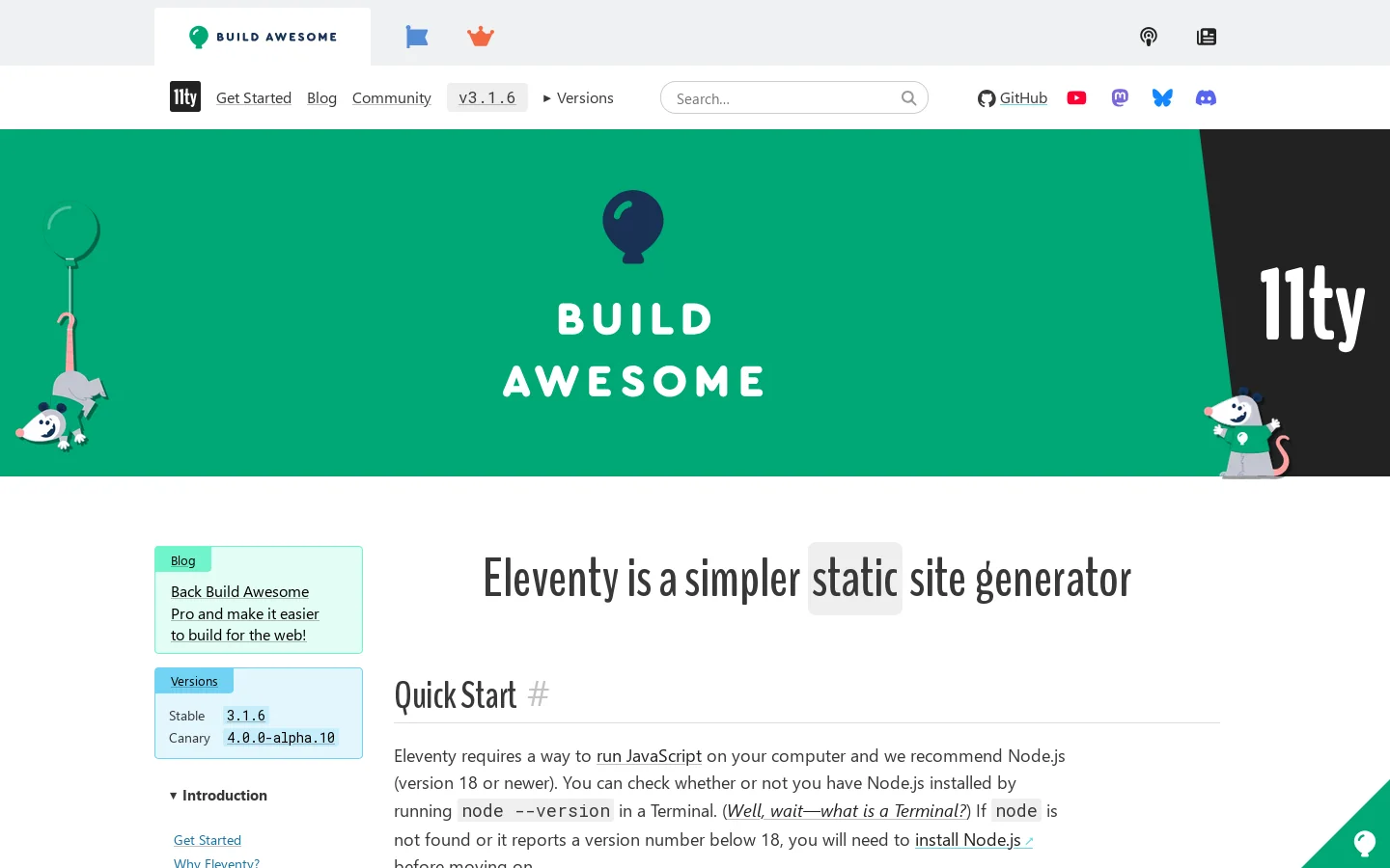 Eleventy is a simpler static site generator Homepage screenshot