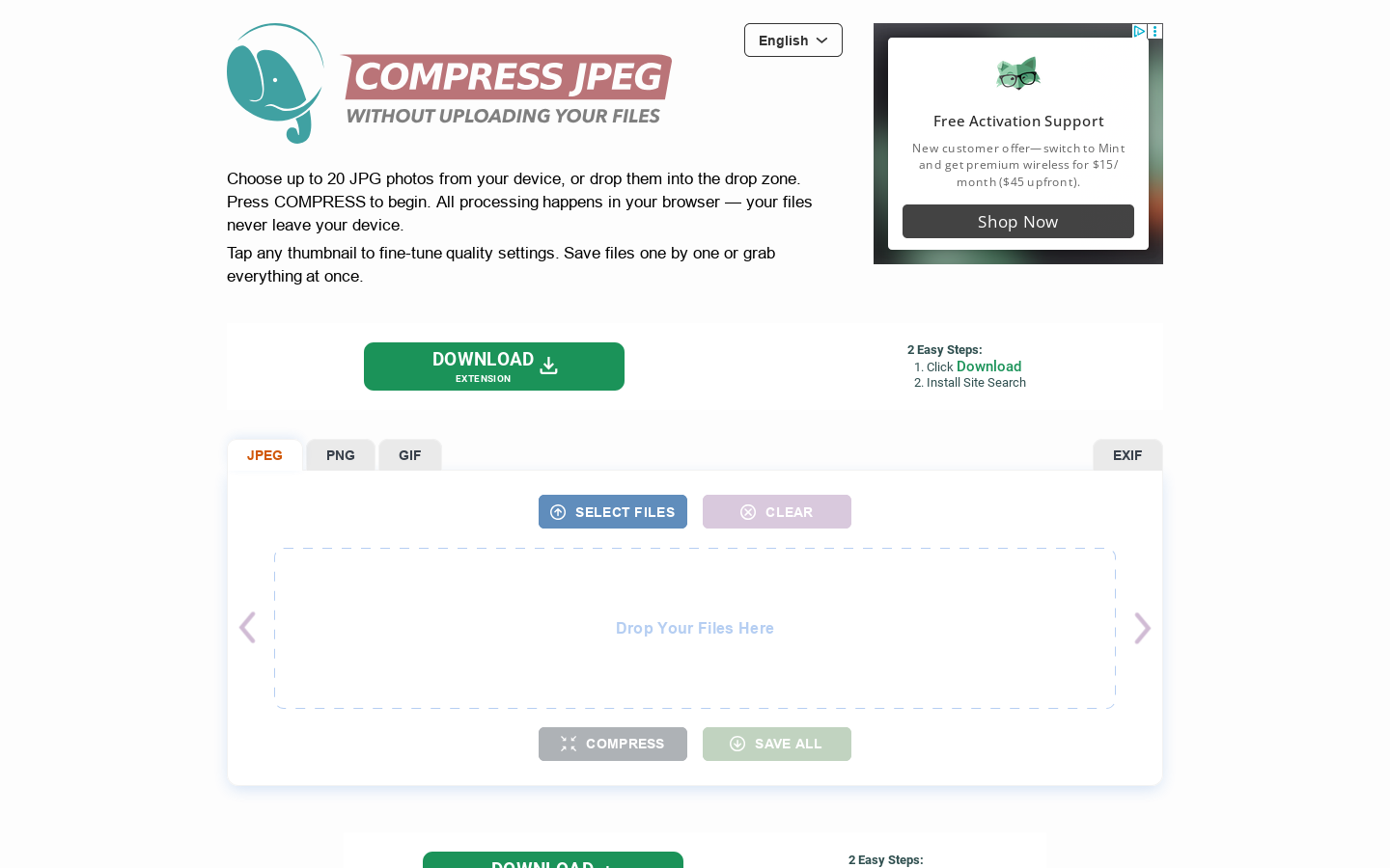 Reduce JPEG File Size Online Homepage screenshot