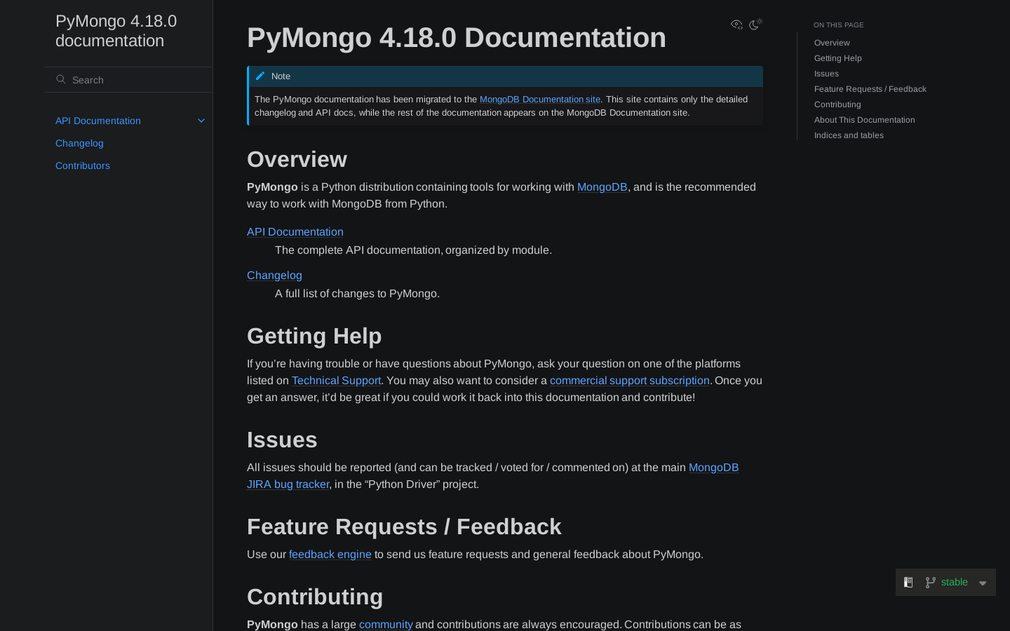 PyMongo 4.18.0 documentation Homepage screenshot