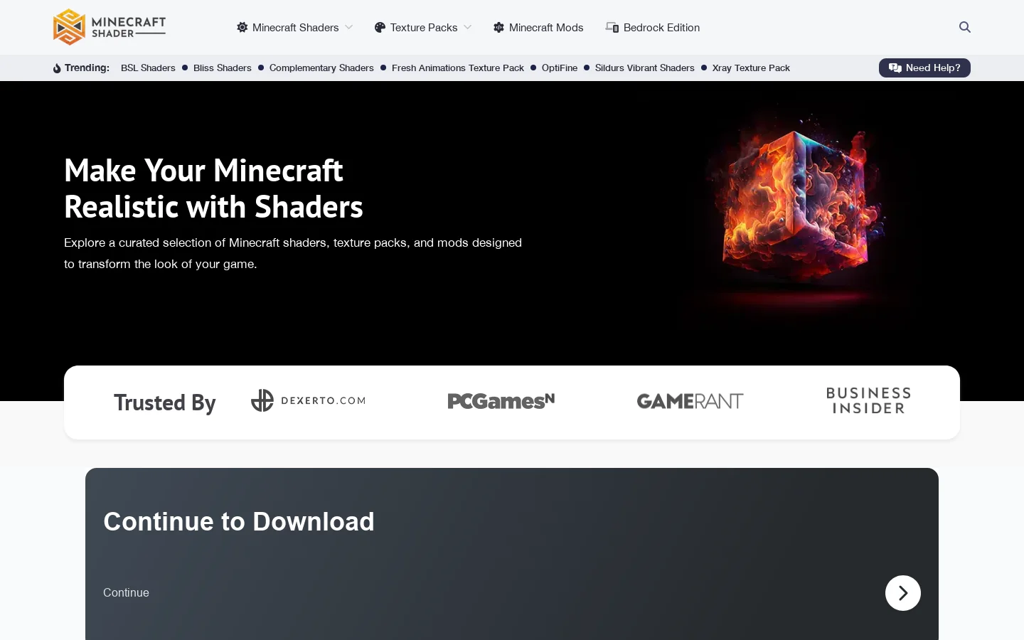 MinecraftShader.com Homepage screenshot