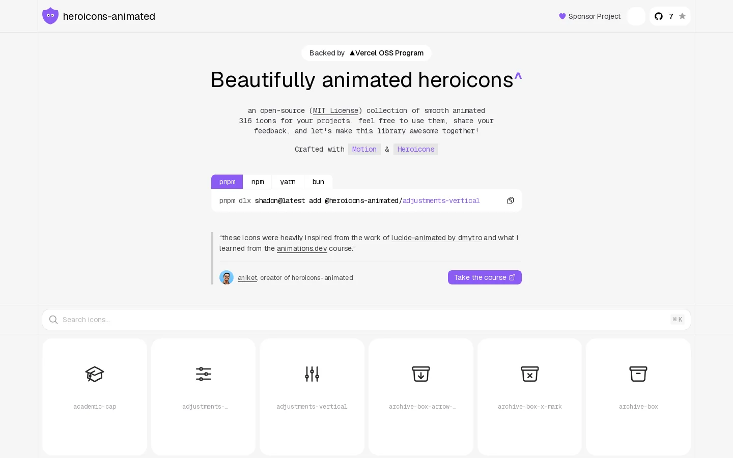 heroicons-animated Homepage screenshot