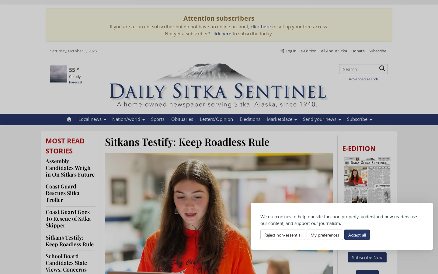 A home-owned newspaper serving Sitka, Alaska since 1940 - Daily Sitka Sentinel Homepage screenshot