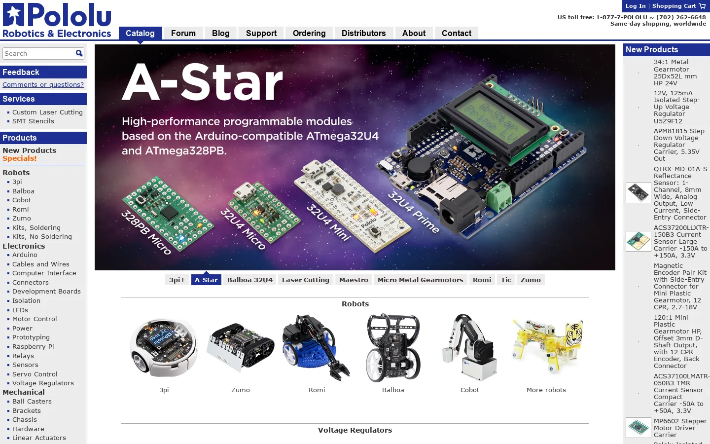 Pololu Robotics and Electronics Homepage screenshot
