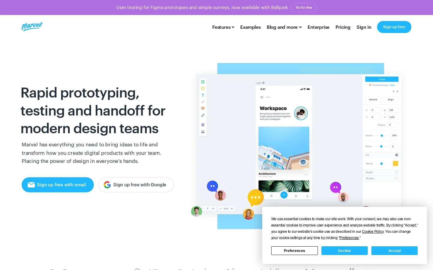 Marvel - The design platform for digital products. Get started for free. Homepage screenshot