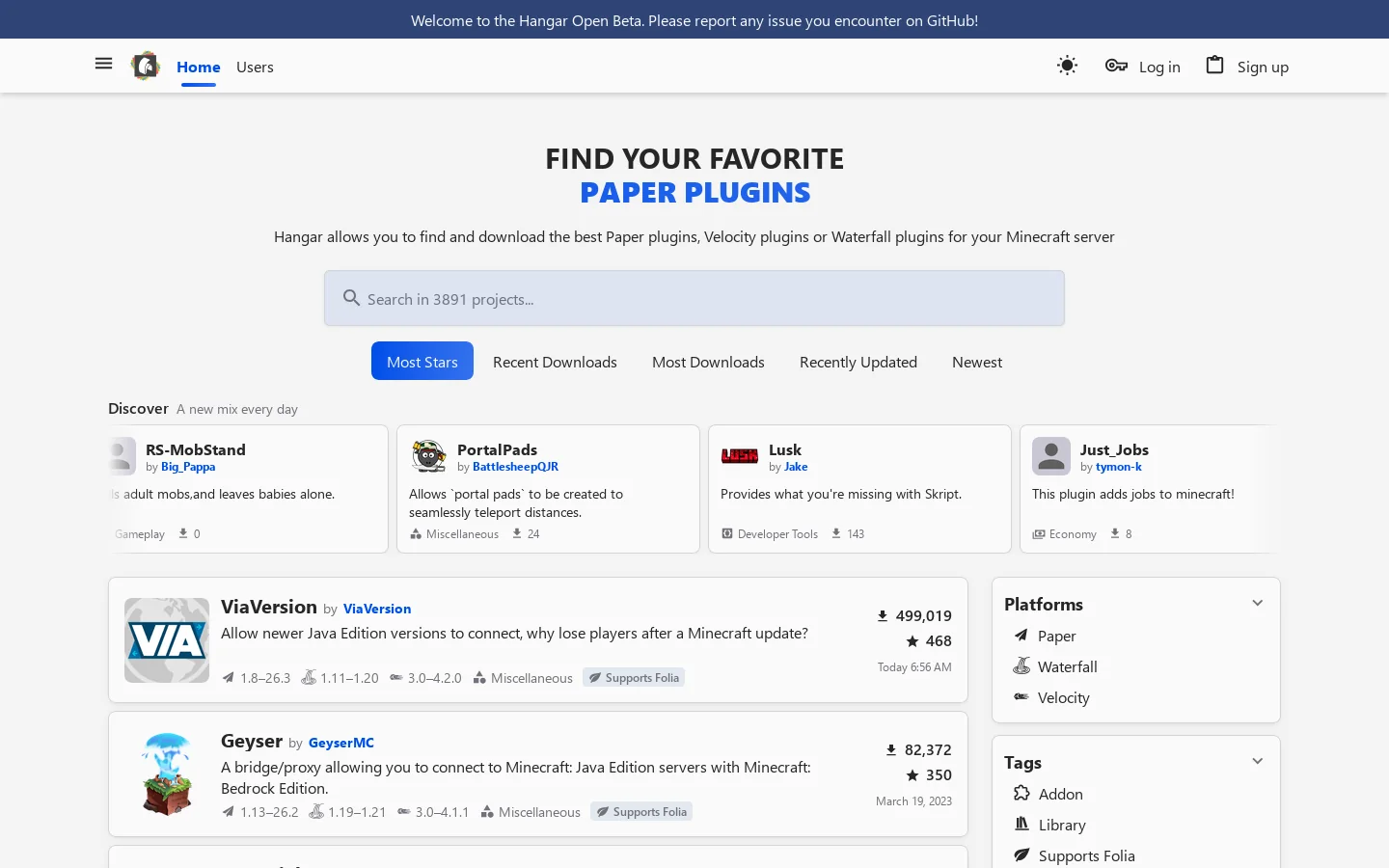 Hangar Homepage screenshot