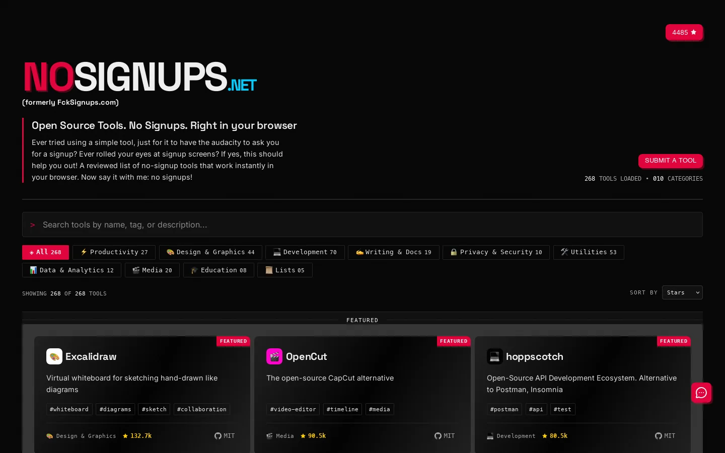 NoSignups Homepage screenshot