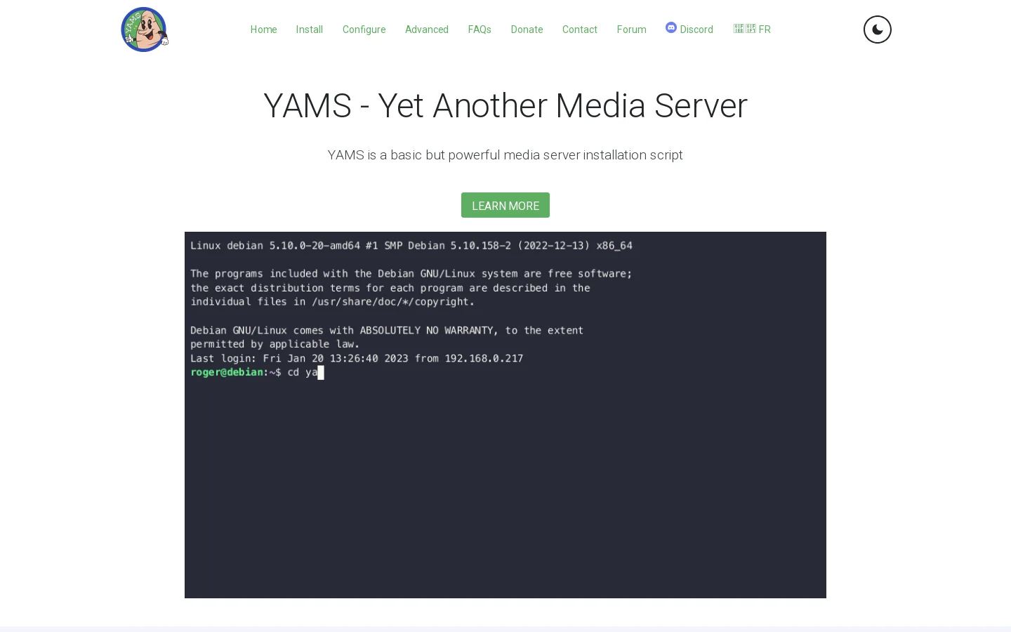 YAMS Homepage screenshot