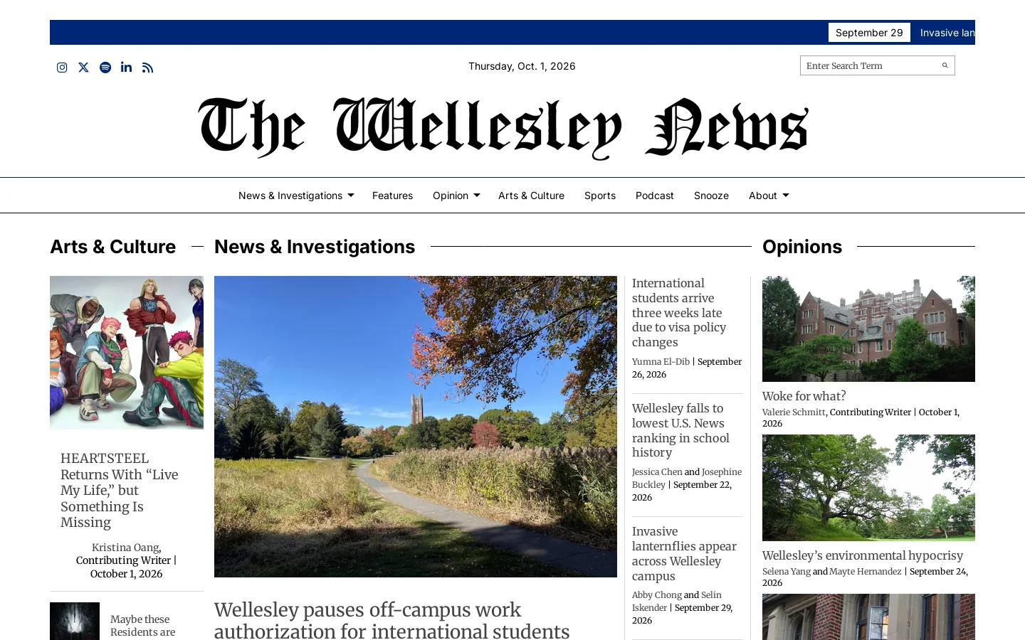 The Wellesley News Homepage screenshot