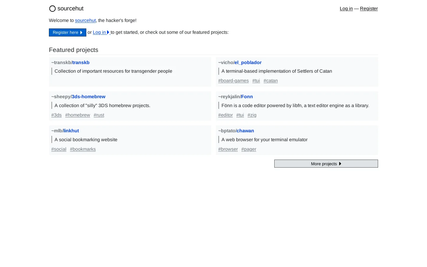 sourcehut hub Homepage screenshot
