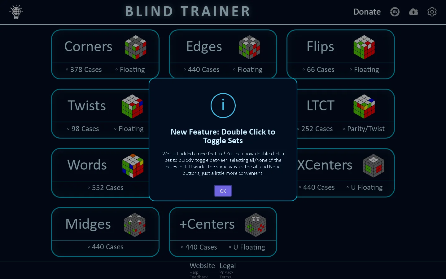 Blindtrainer • Practice Commutators and Algorithms Homepage screenshot