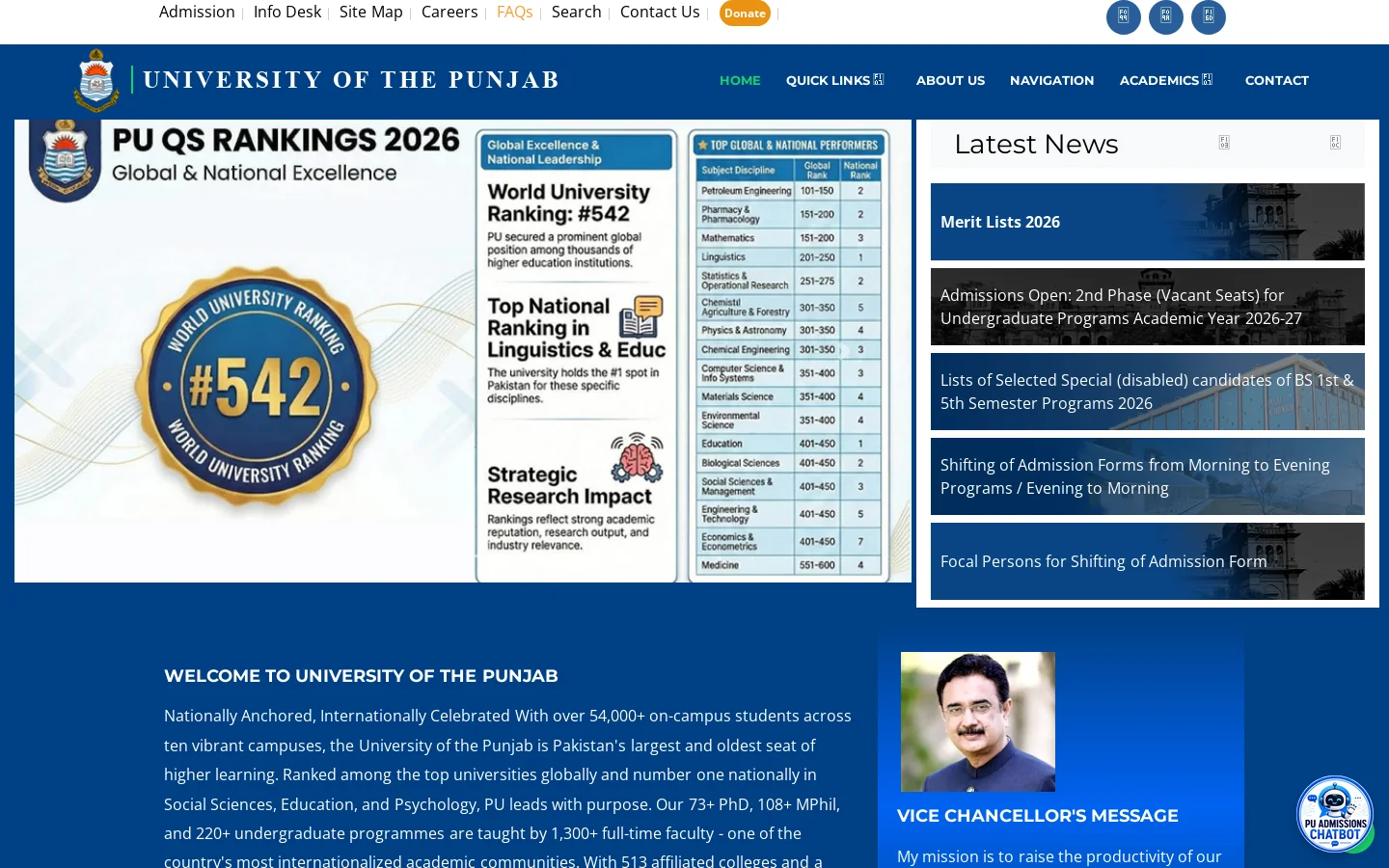 University of the Punjab Homepage screenshot