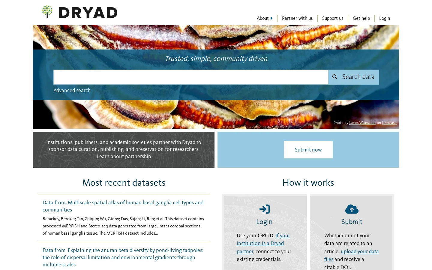 Dryad | Publish and preserve your data Homepage screenshot