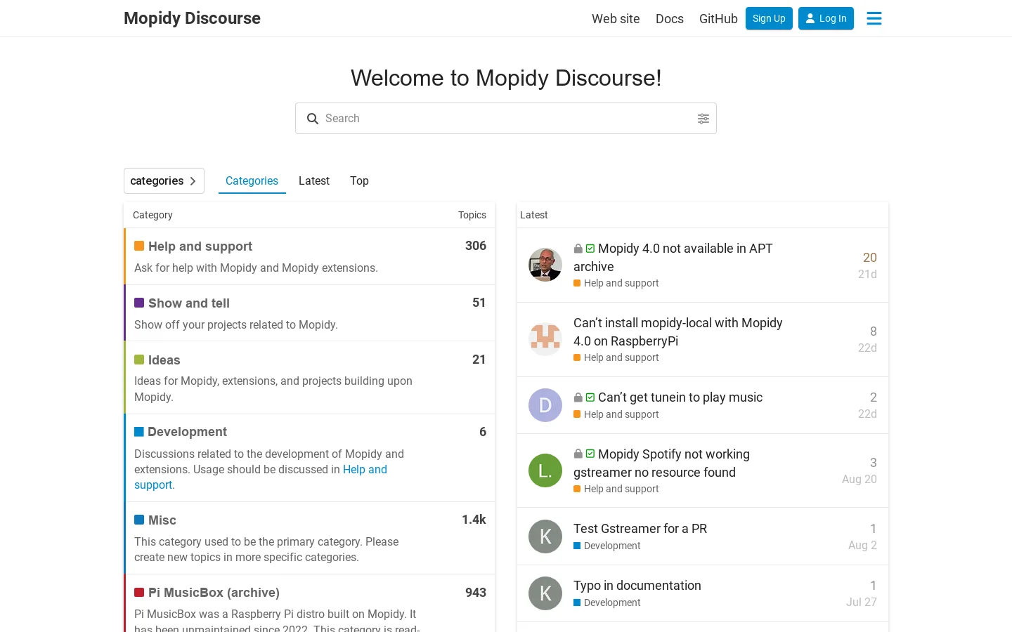 Mopidy Discourse Homepage screenshot