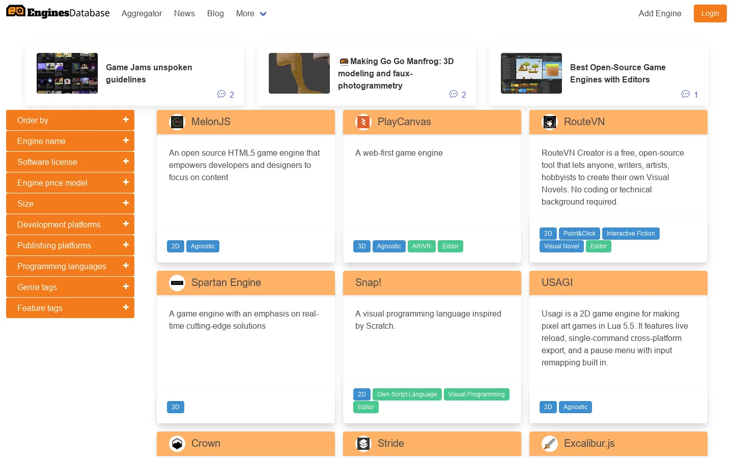 Game Engines Database Homepage screenshot