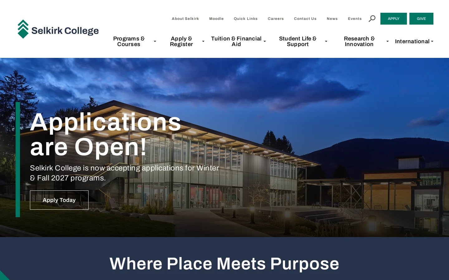 Selkirk College Homepage screenshot