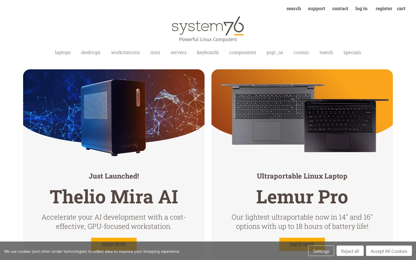 System76 Open Source PCs Homepage screenshot
