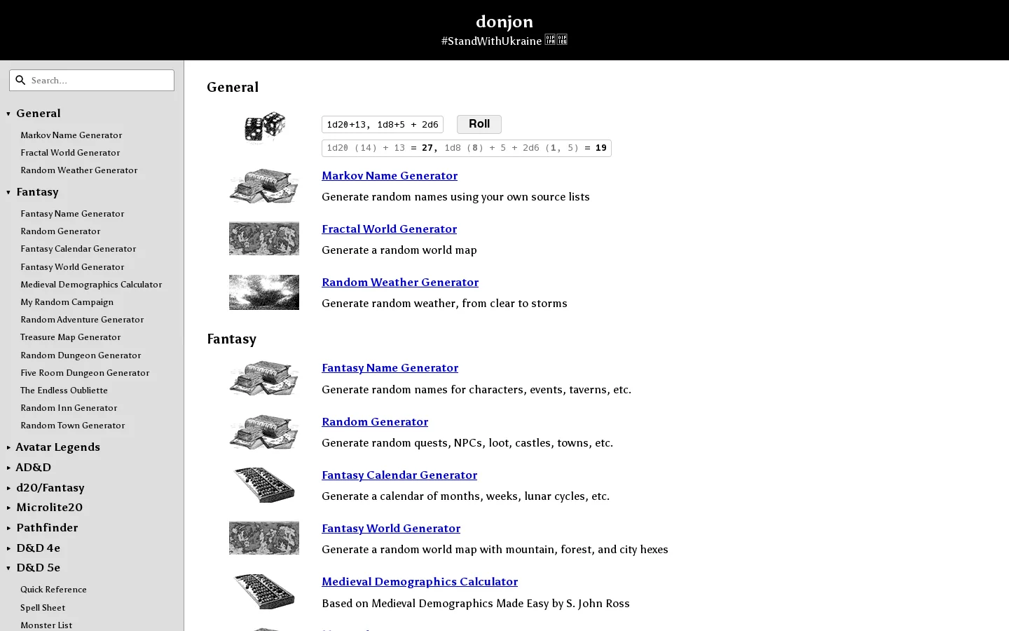 donjon; RPG Tools Homepage screenshot