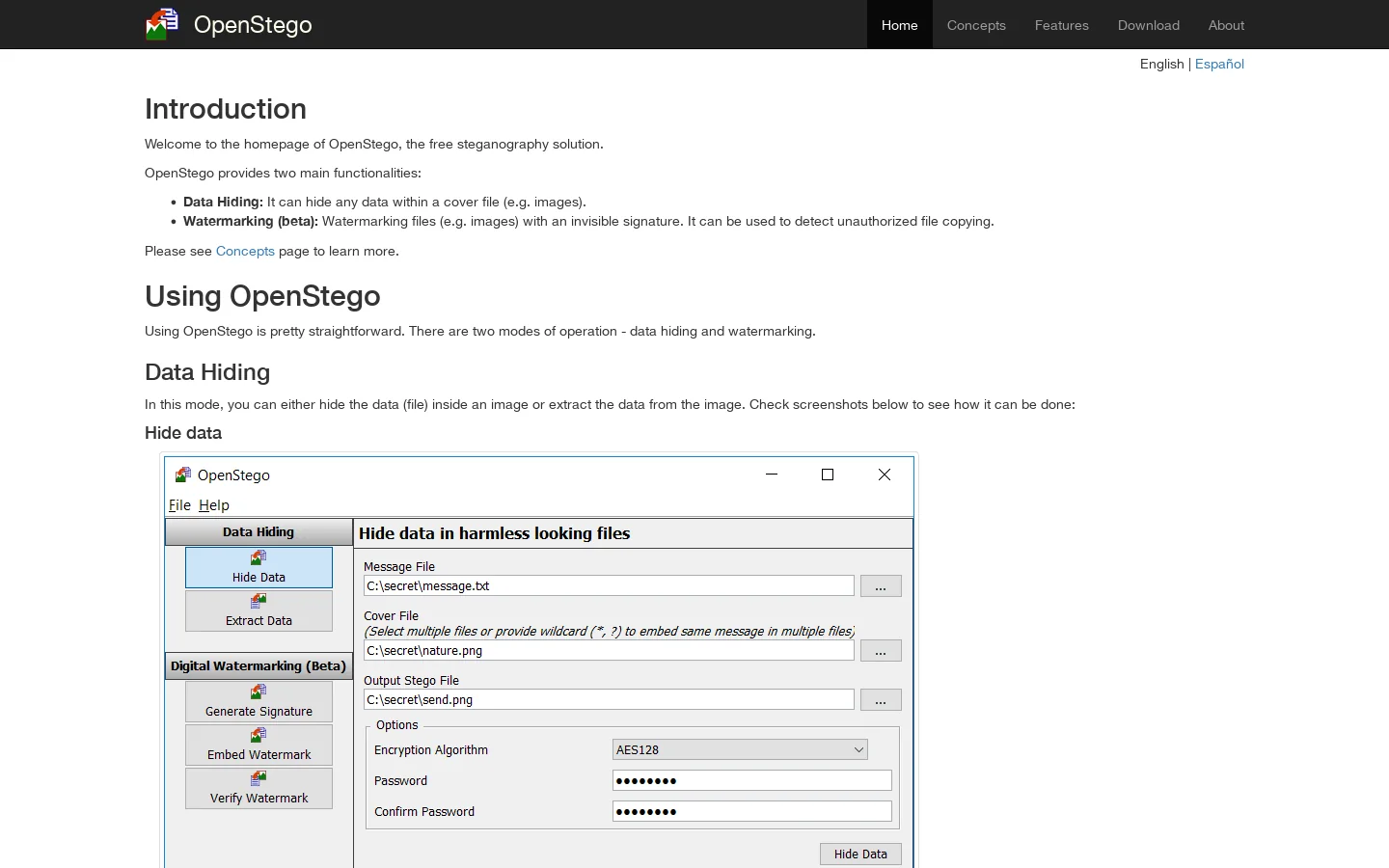 OpenStego Homepage screenshot