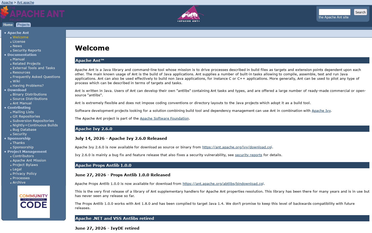 Apache Ant - Welcome Homepage screenshot