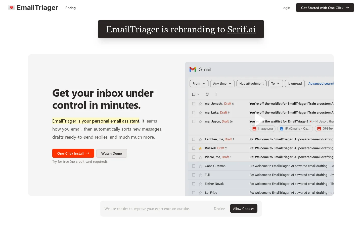 EmailTriager Homepage screenshot