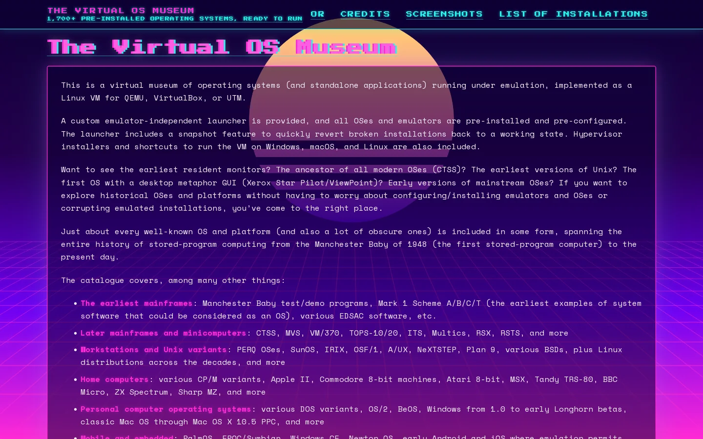 The Virtual OS Museum Homepage screenshot