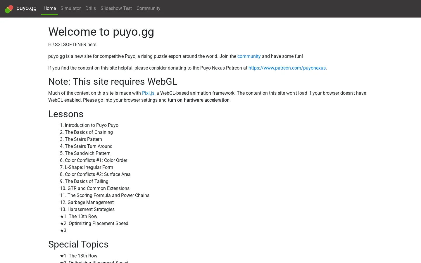 puyo.gg Homepage screenshot