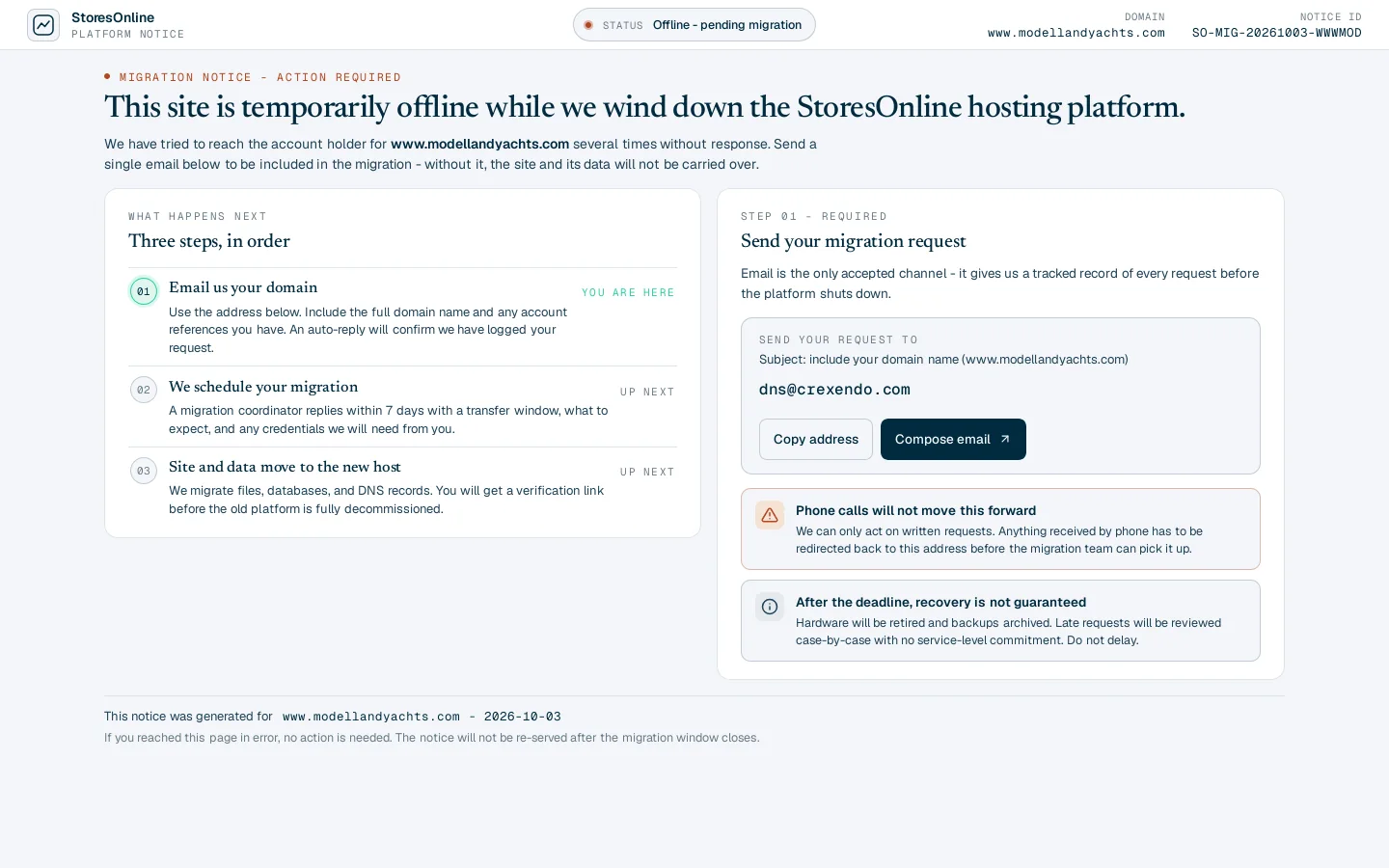 Site offline - migration required - www.modellandyachts.com Homepage screenshot