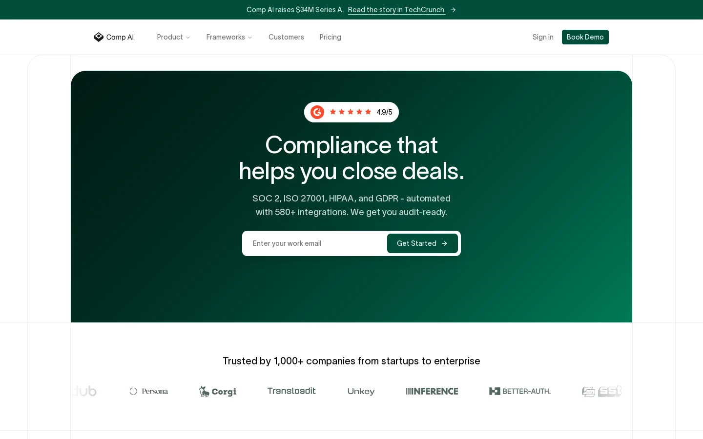 Comp AI: AI Compliance Software | Comp AI Homepage screenshot