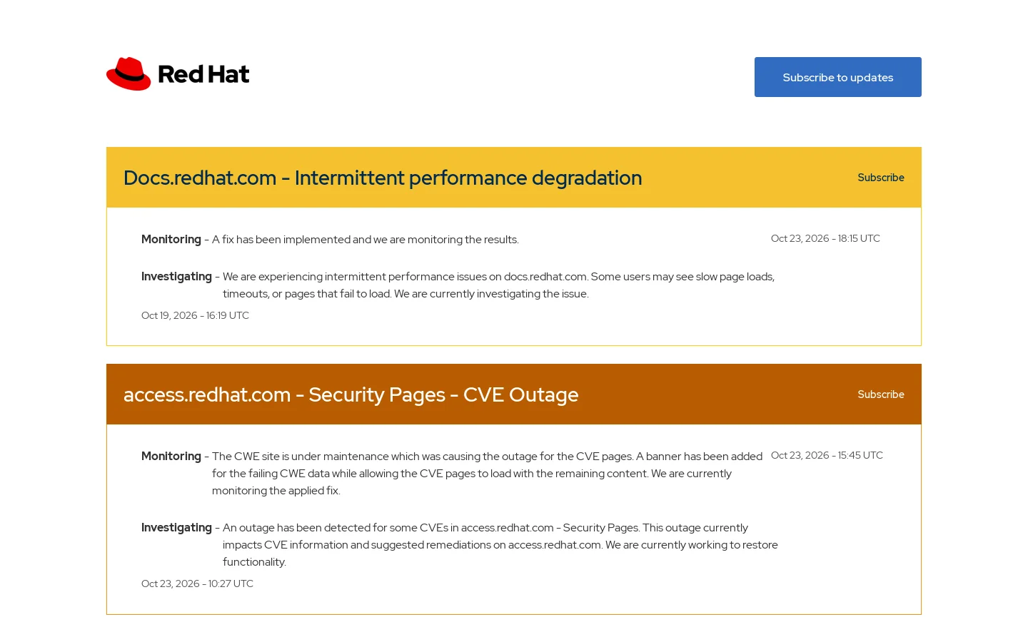 Red Hat Status Homepage screenshot