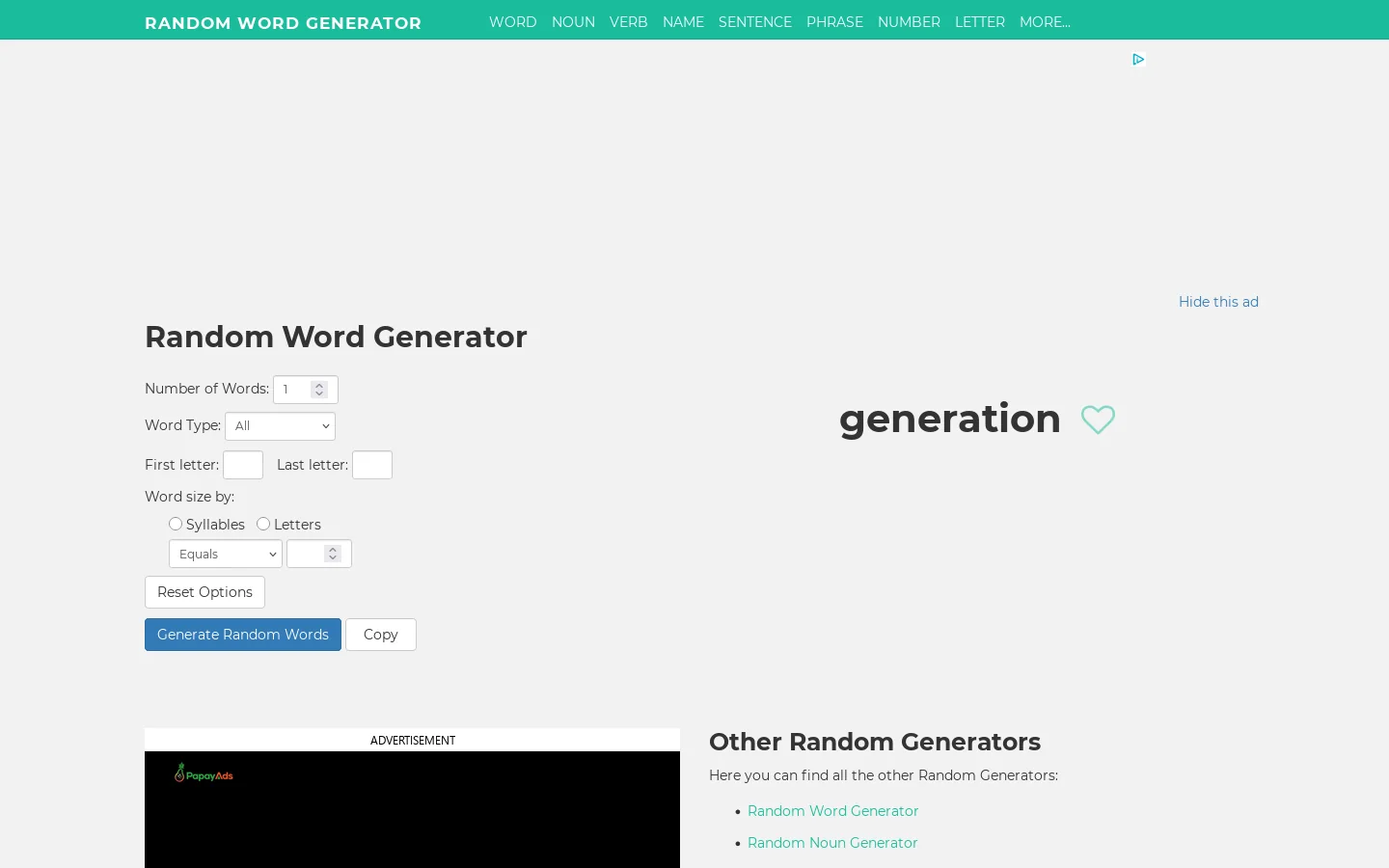 Random Word Generator Homepage screenshot