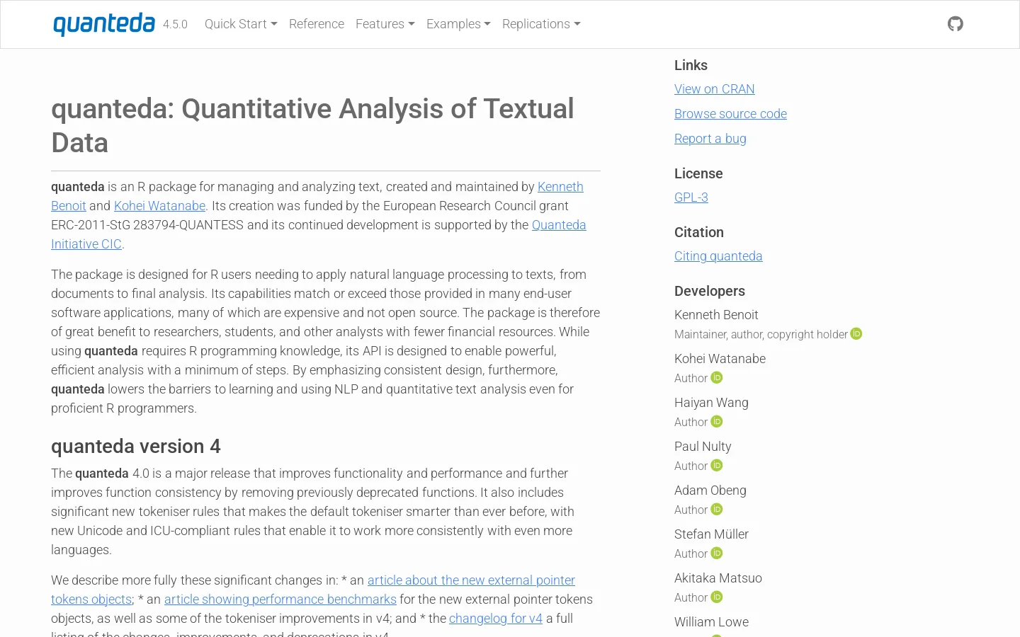 Quantitative Analysis of Textual Data • quanteda Homepage screenshot