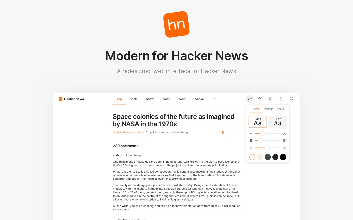 Modern for Hacker News Homepage screenshot