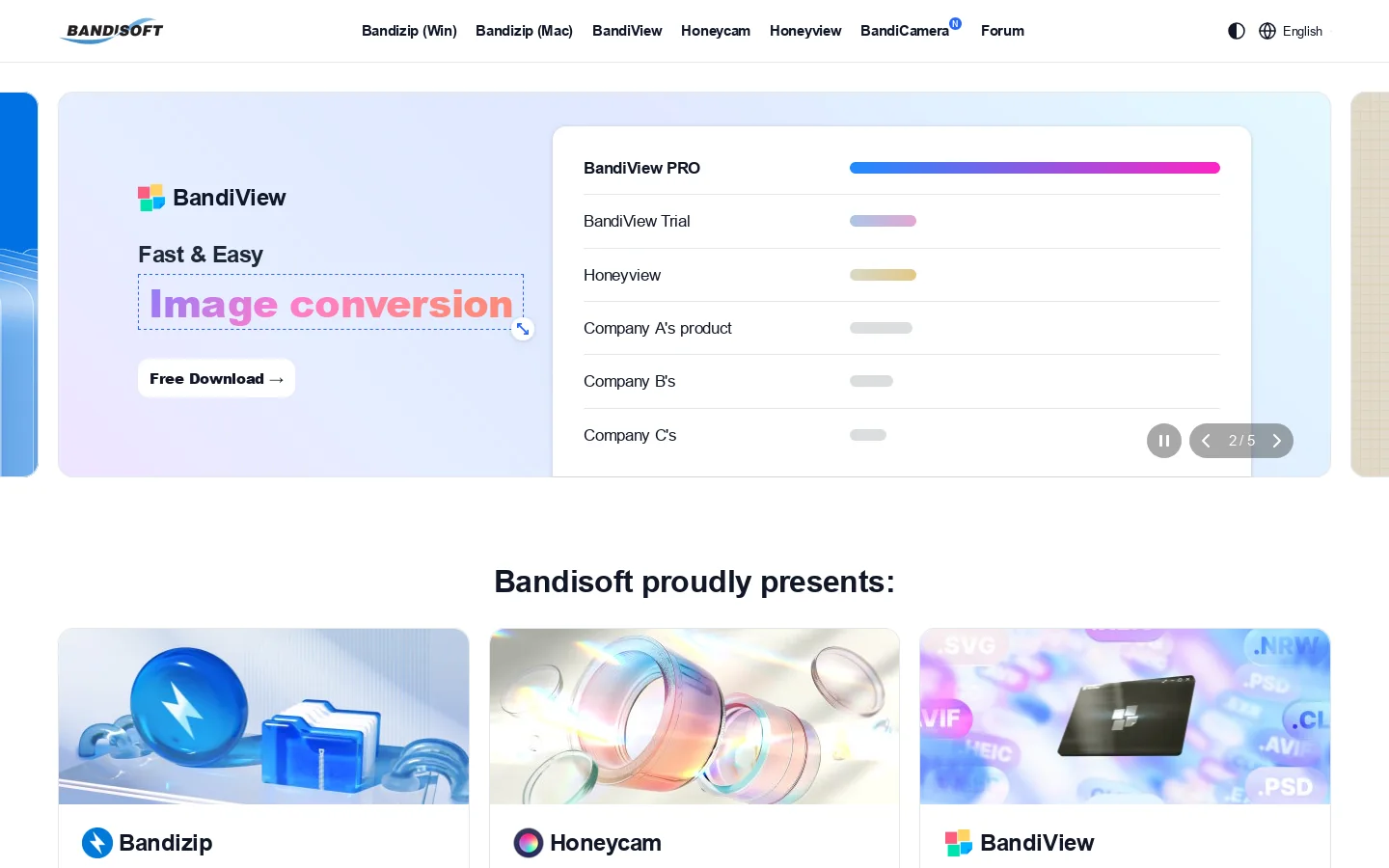 Bandisoft - Bandizip, BandiView, Honeycam, Honeyview Homepage screenshot