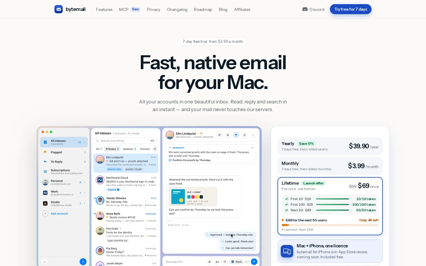 Fast, native email for Mac · bytemail Homepage screenshot