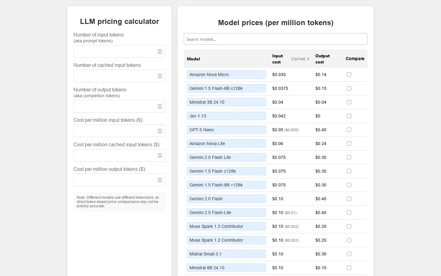 LLM pricing calculator Homepage screenshot