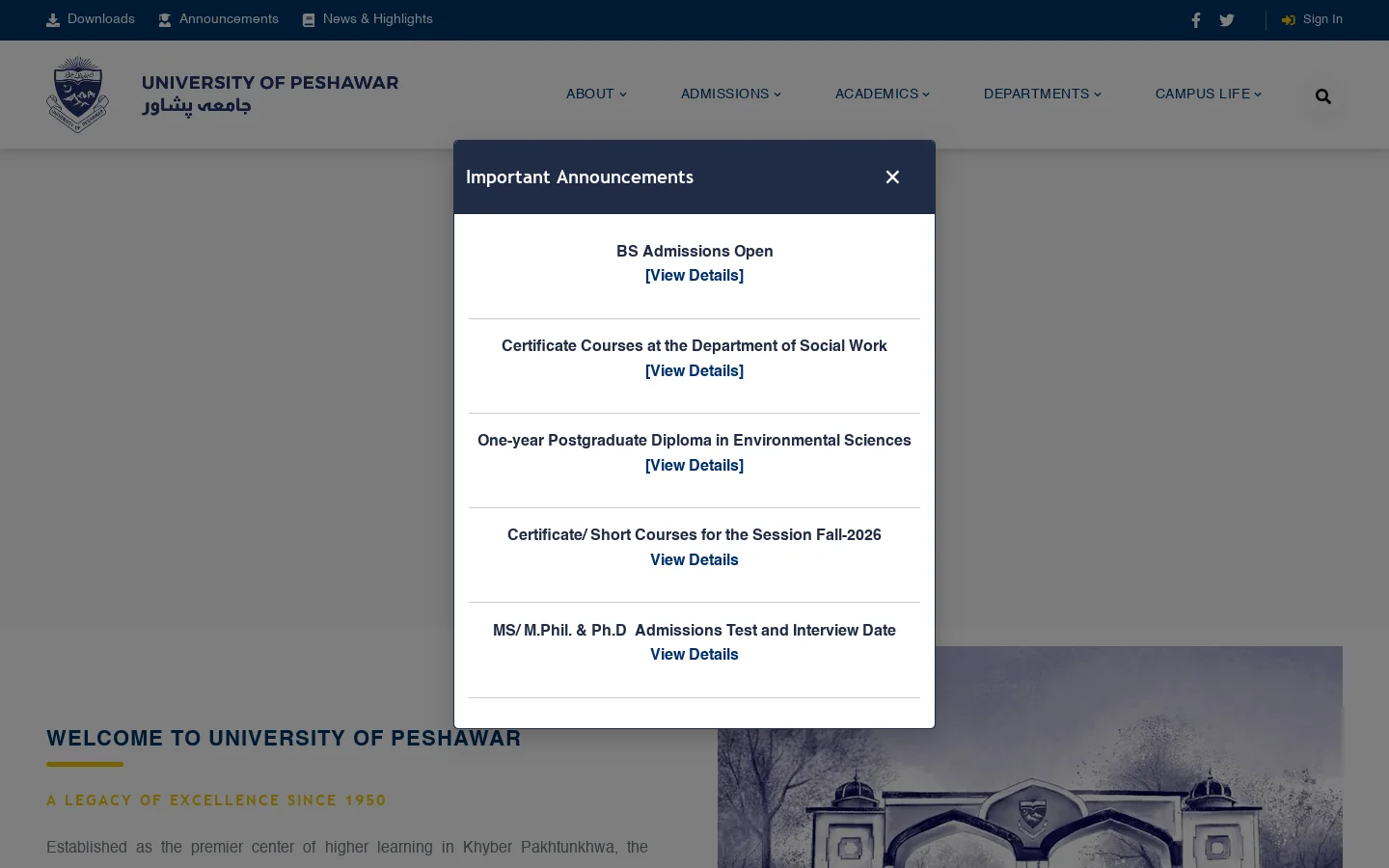 University of Peshawar – Leading Public University in Pakistan Homepage screenshot